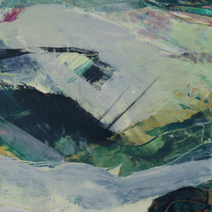 In the Flow – No. 1, small abstract landscape-style painting with pale blue bands over deep green shapes and a rust-brown base, by Shem Sharples.