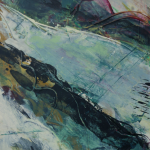 In the Flow – No. 3, atmospheric abstract with a dark river-like diagonal band cutting through teal, mint and pale blue layers, richly textured. By Shem Sharples.