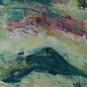 In the Flow – No. 4, vivid abstract painting with teal and yellow fields, streaks of raspberry pink, and layered sweeping brushmarks. By Shem Sharples.