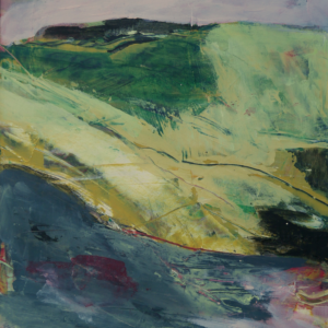 In the Flow – No. 5, semi-abstract hill landscape with a lilac sky, layered green slopes and a dark blue-grey band in the foreground.