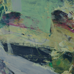 In the Flow – No. 6, soft abstract painting with a mint-green block, scraped textures and a pale diagonal band over darker green and black forms. By Shem Sharples.